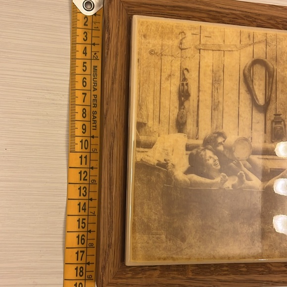 Signed 1960s Rolland Hendrickson Couple in Wood Barrel Tub Framed Sepia tile - Picture 4 of 7